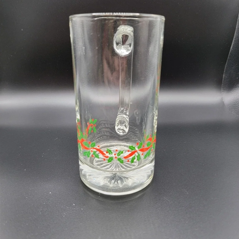 Libbey Glass Irish Beer Mugs Christmas Holly & Ribbon 2 Pieces